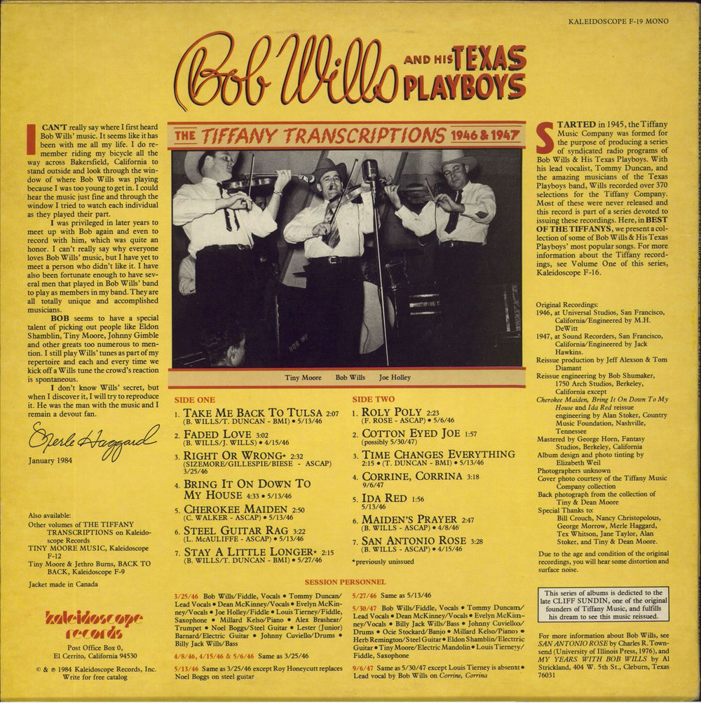 Bob Wills The Tiffany Transcriptions Vol. 2: Best Of The Tiffanys US vinyl LP album (LP record)