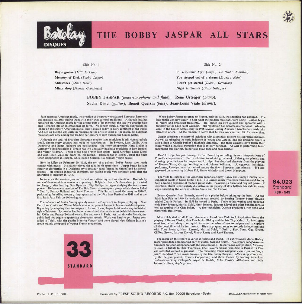 Bobby Jaspar Bobby Jaspar And His All Stars Spanish vinyl LP album (LP record)