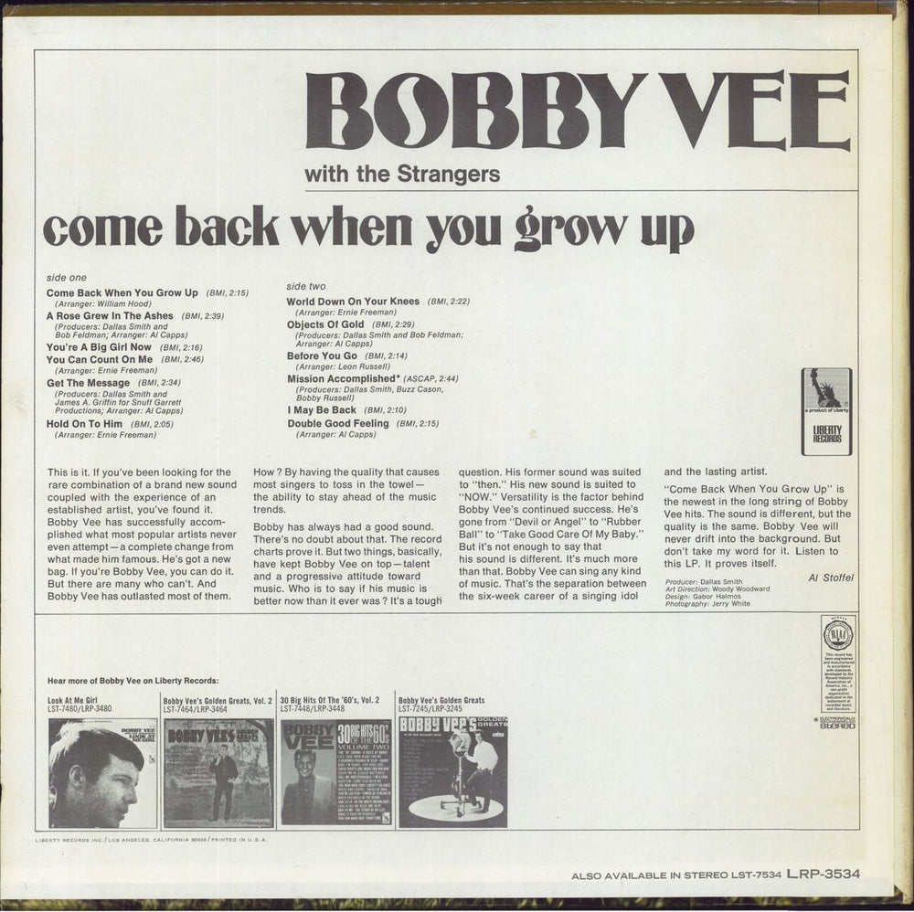 Bobby Vee Come Back When You Grow Up US vinyl LP album (LP record)