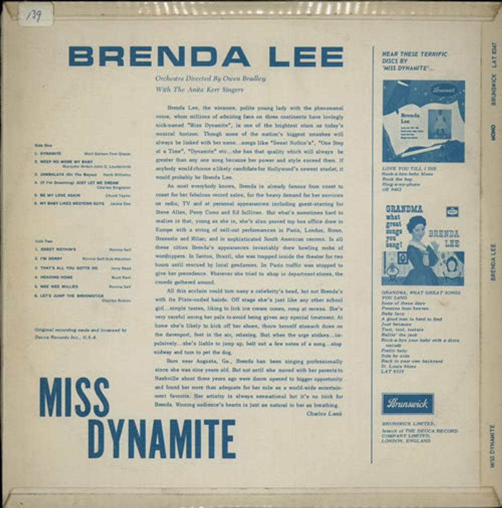 Brenda Lee Miss Dynamite UK vinyl LP album (LP record) B-LLPMI250856