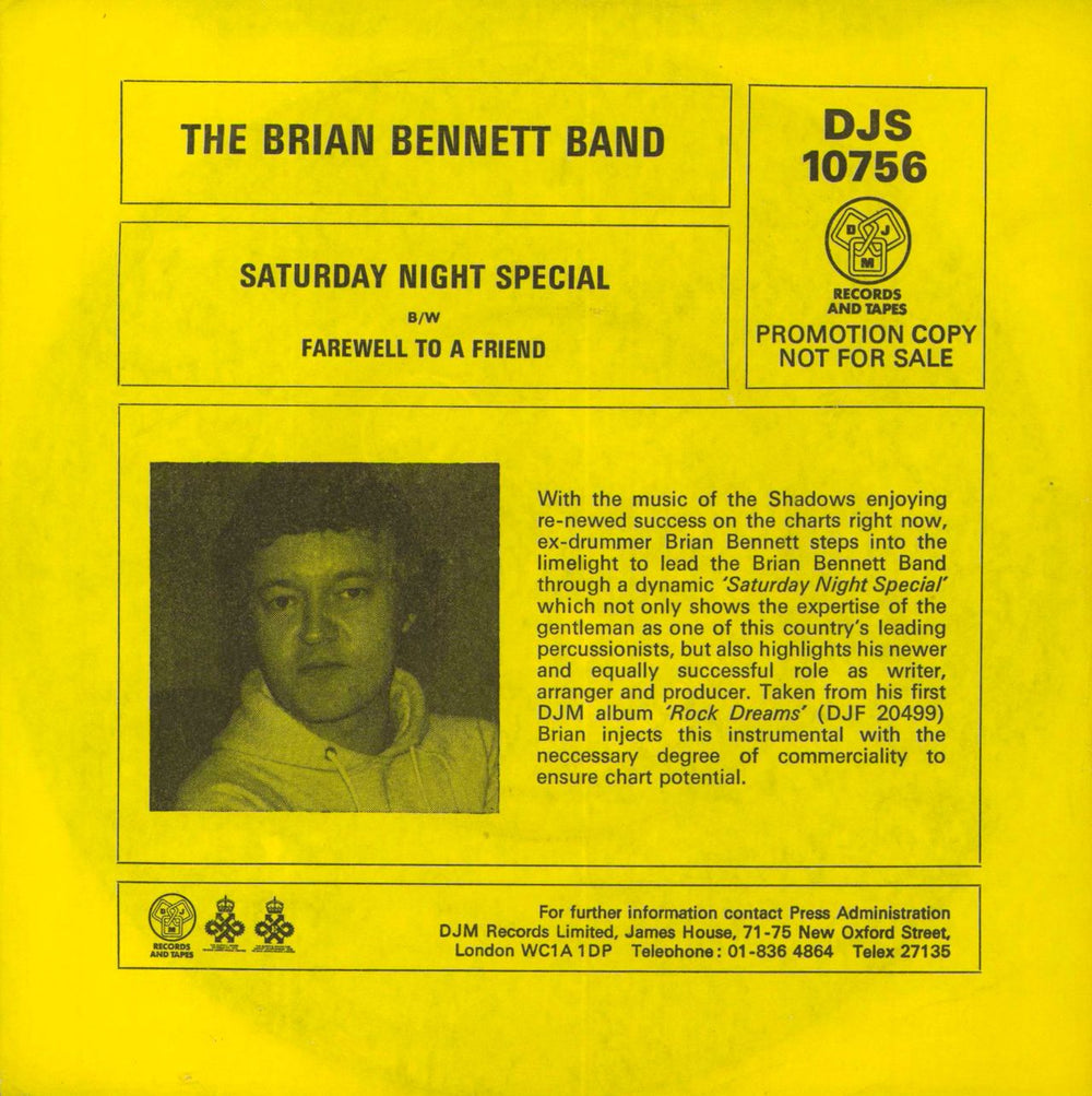 Brian Bennett Saturday Night Special- Promo Sleeve UK Promo 7" vinyl single (7 inch record / 45) DJS10756