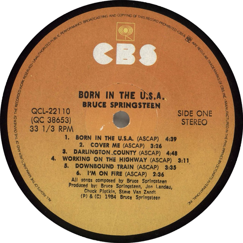 Bruce Springsteen Born In The U.S.A. Philippino vinyl LP album (LP record)