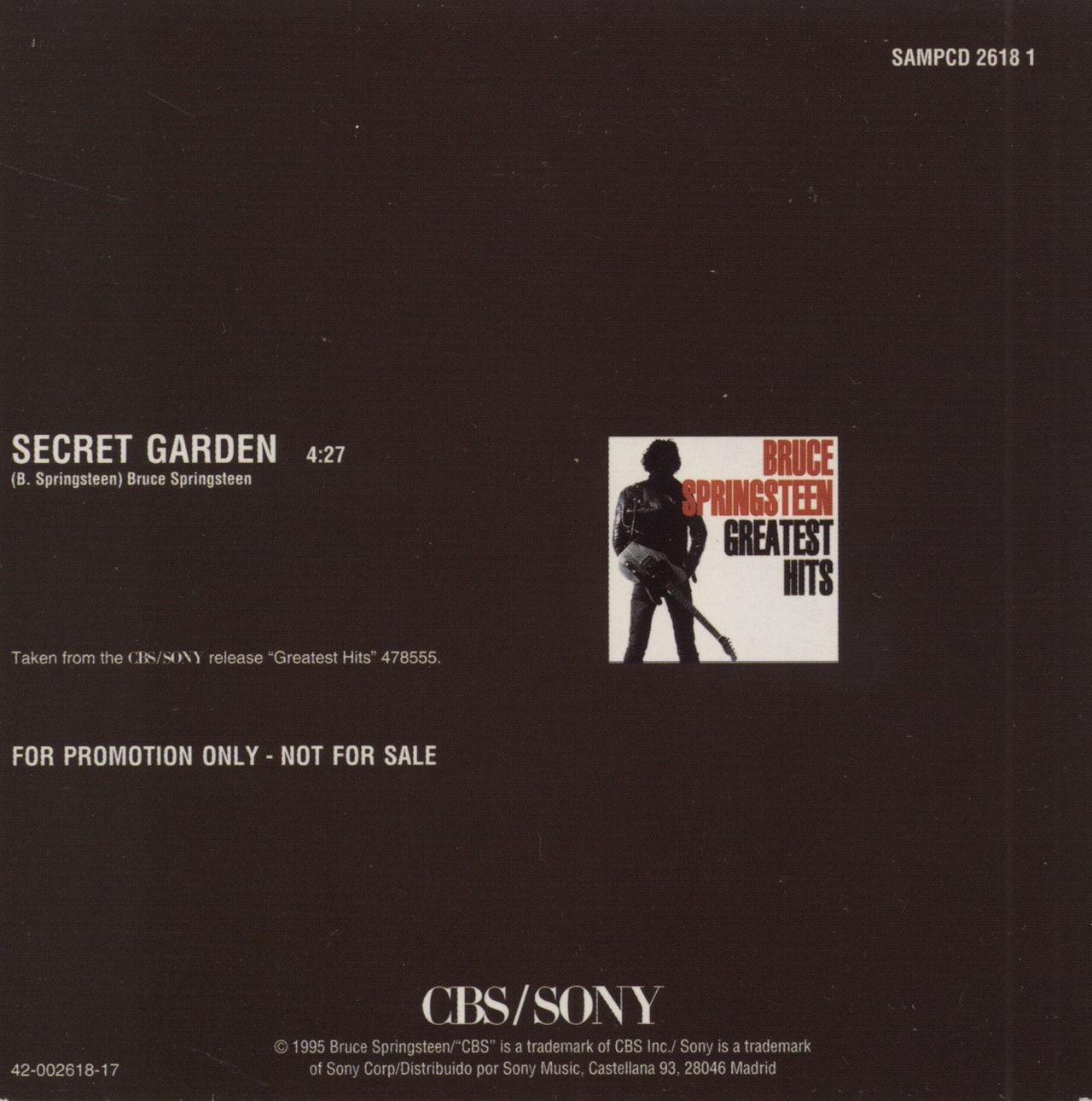 Bruce Springsteen Secret Garden Spanish Promo CD single