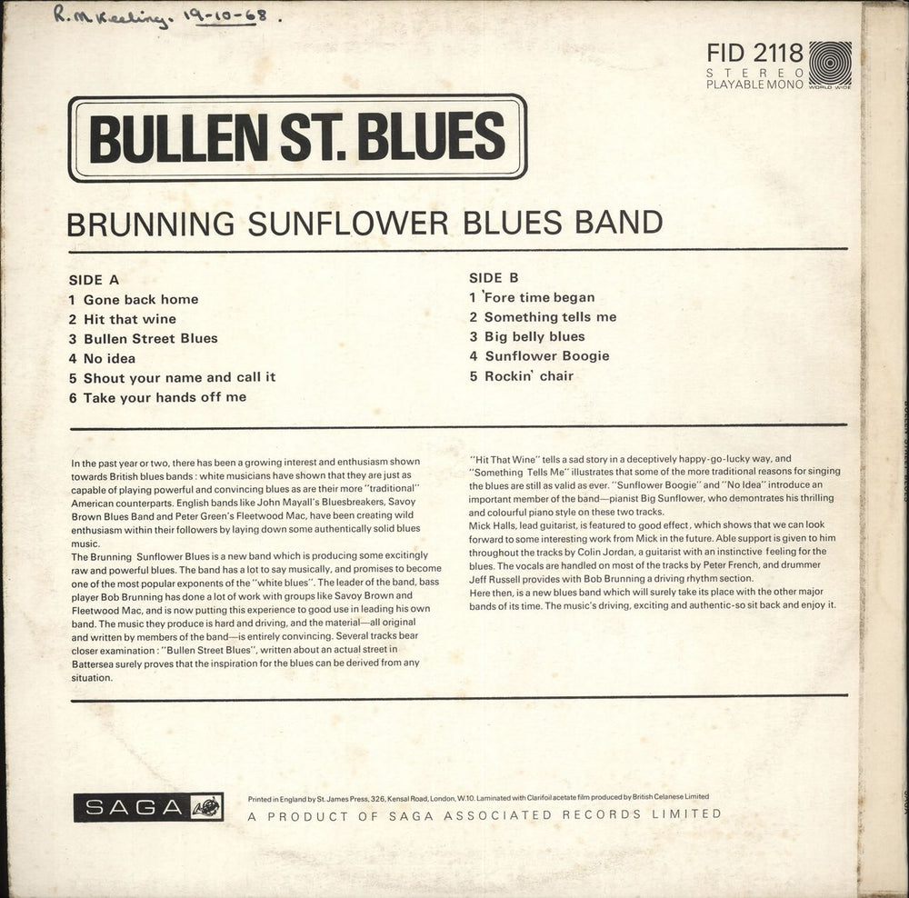 Brunning Sunflower Blues Band Bullen St. Blues - VG UK vinyl LP album (LP record)