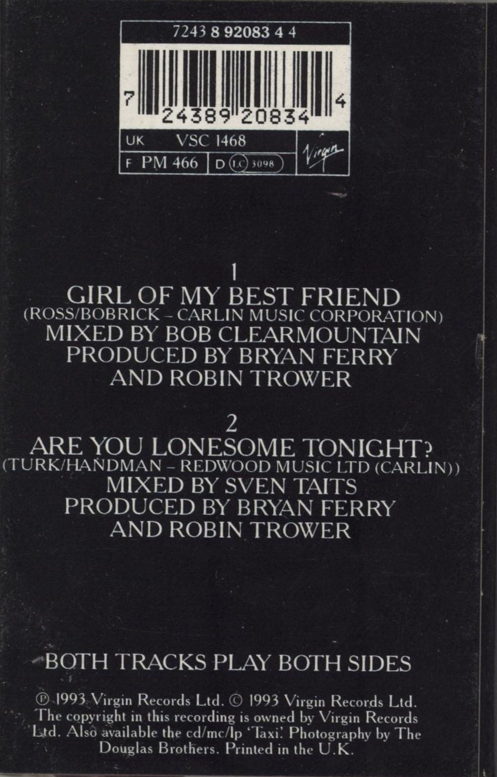 Bryan Ferry Girl Of My Best Friend UK cassette single 724389208344