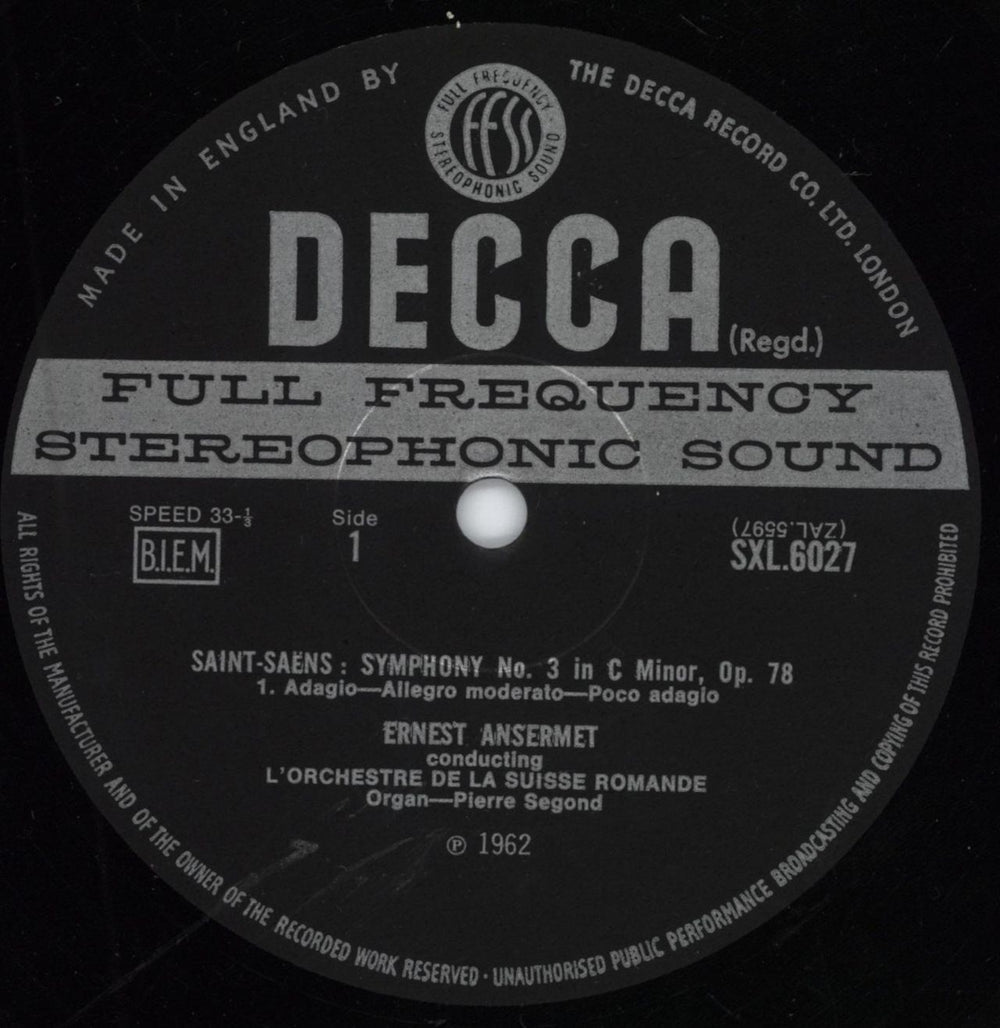 Camille Saint-Saëns Symphony No. 3 in C Minor, Op.78 - 2nd UK vinyl LP album (LP record) UCVLPSY785948