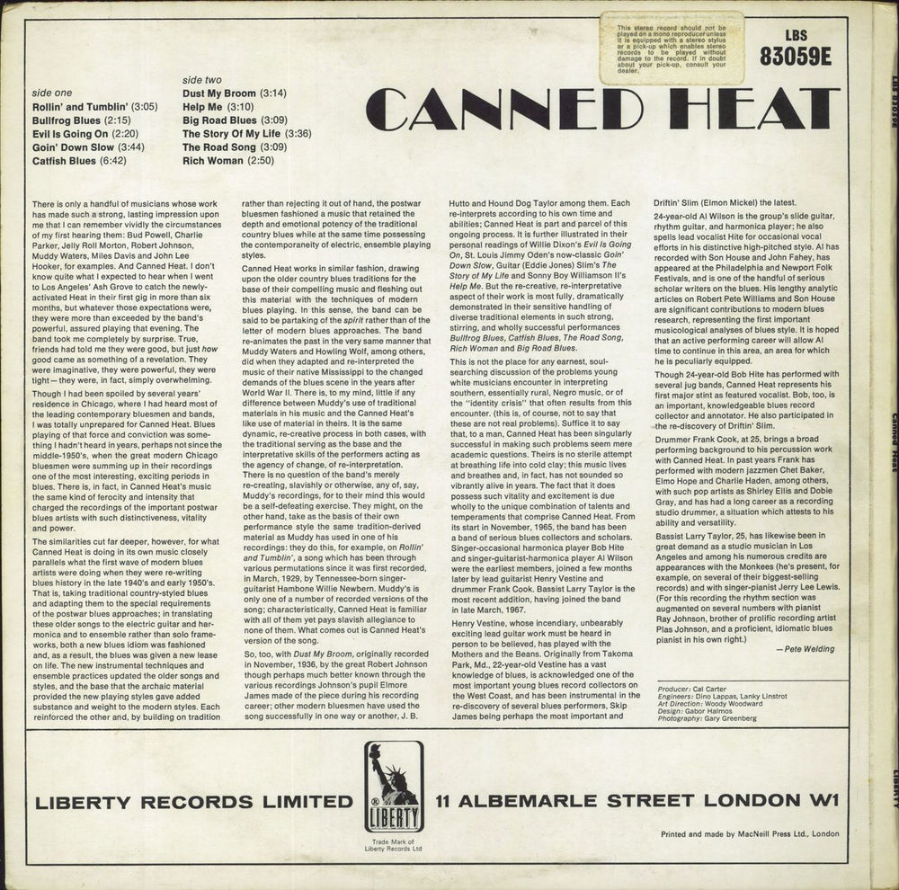 Canned Heat Canned Heat - 1st - Stereo Warning Sticker - EX UK vinyl LP album (LP record)