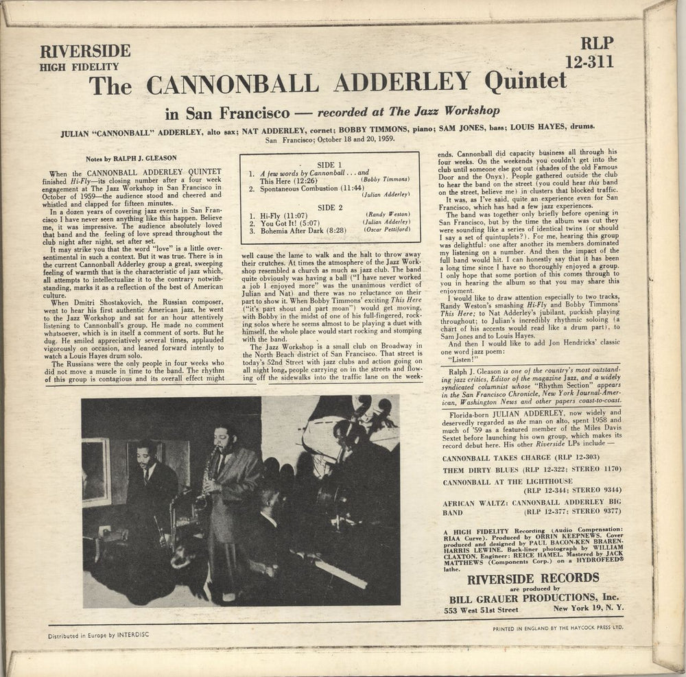 Cannonball Adderley In San Francisco - 1st - VG+ UK vinyl LP album (LP record)