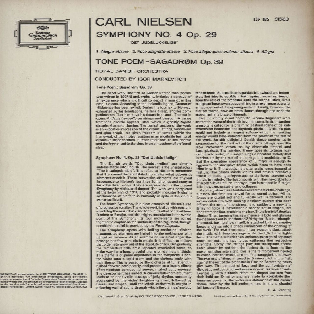 Carl Nielsen Symphony No. 4, Op.29 "Det Uudslukkelige" / Tone Poem: Sagadrøm, Op.39 UK vinyl LP album (LP record)