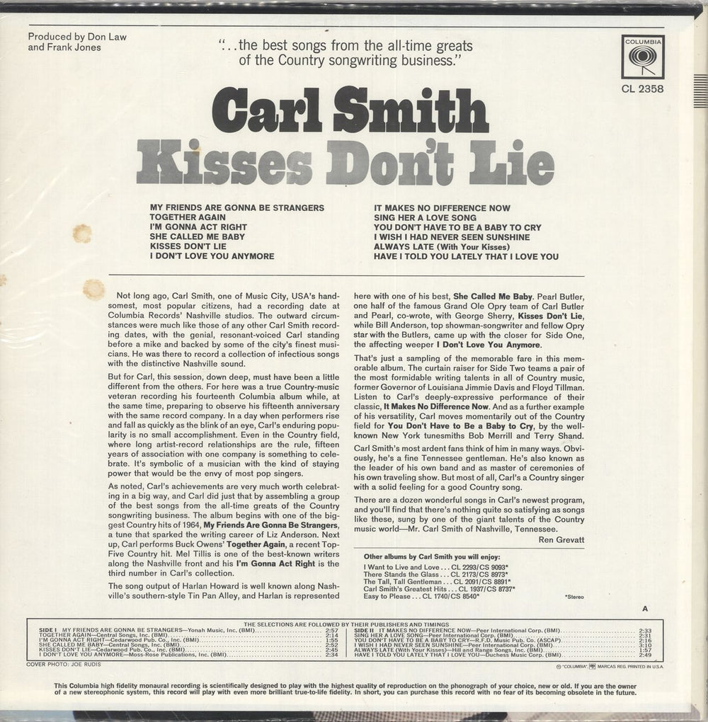 Carl Smith Kisses Don't Lie US vinyl LP album (LP record)