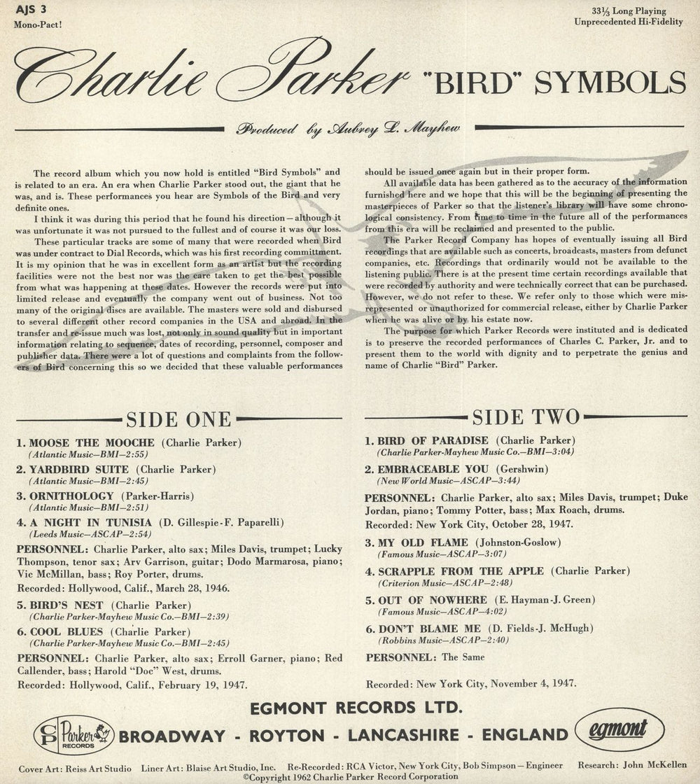 Charlie Parker "Bird" Symbols - 1st UK vinyl LP album (LP record) 1961