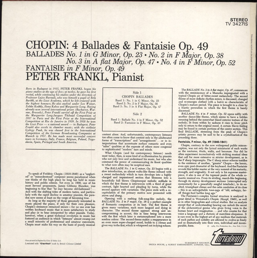 Chopin 4 Ballades & Fantaisie Op. 49 UK vinyl LP album (LP record)