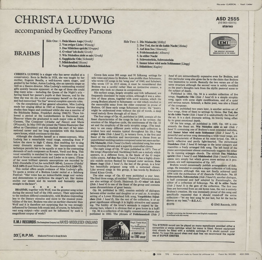 Christa Ludwig Brahms Songs UK vinyl LP album (LP record)