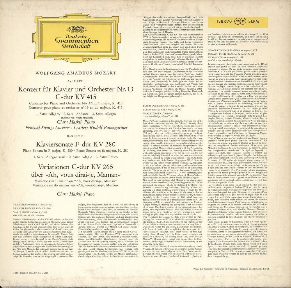 Clara Haskil Mozart: Klavierkonzerte Nr.13 KV 415 · Klaviersonate F-Dur KV 280 · Variationen Über "Ah, Vous Dirai German vinyl LP album (LP record)