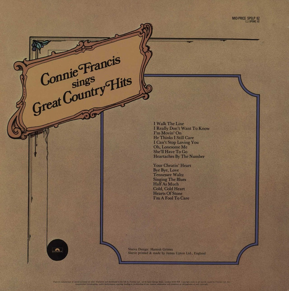 Connie Francis Sings Great Country Hits UK vinyl LP album (LP record)