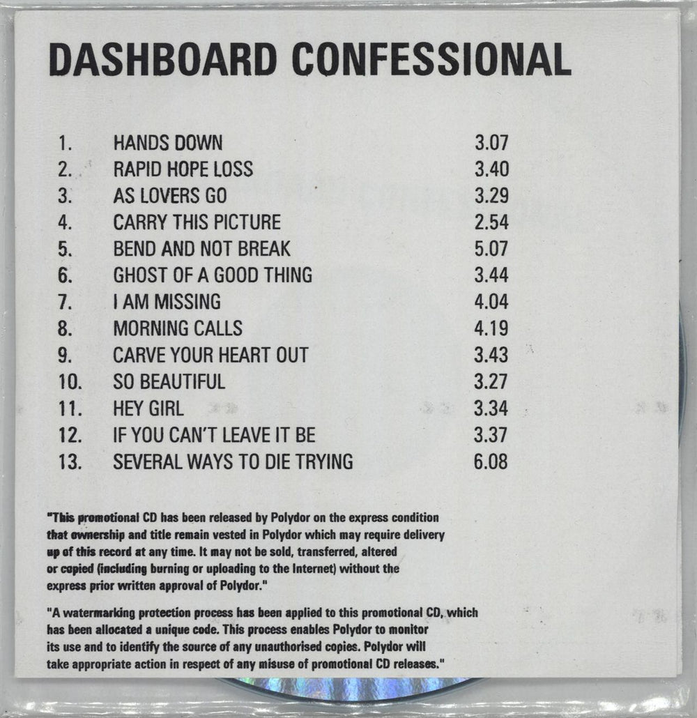 Dashboard Confessional A Mark, A Mission, A Brand, A Scar + PR UK Promo CD-R acetate CD-R