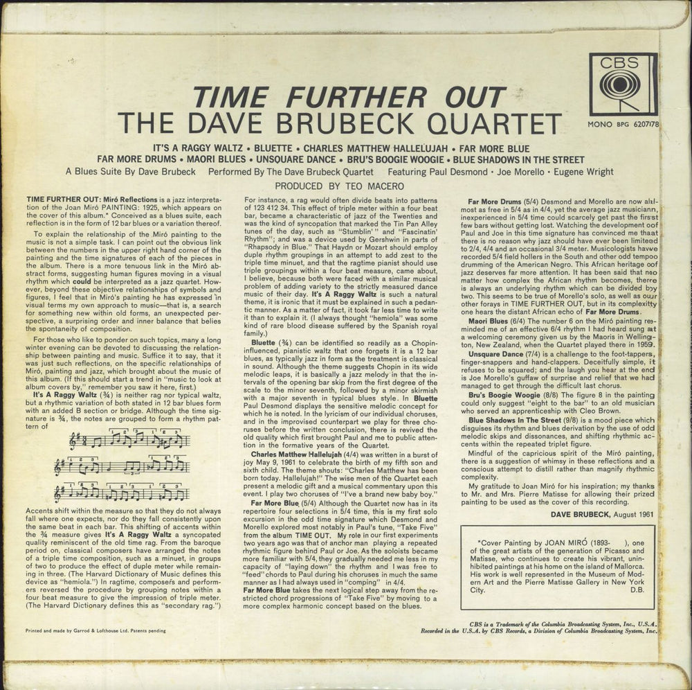 Dave Brubeck Time Further Out - VG UK vinyl LP album (LP record)