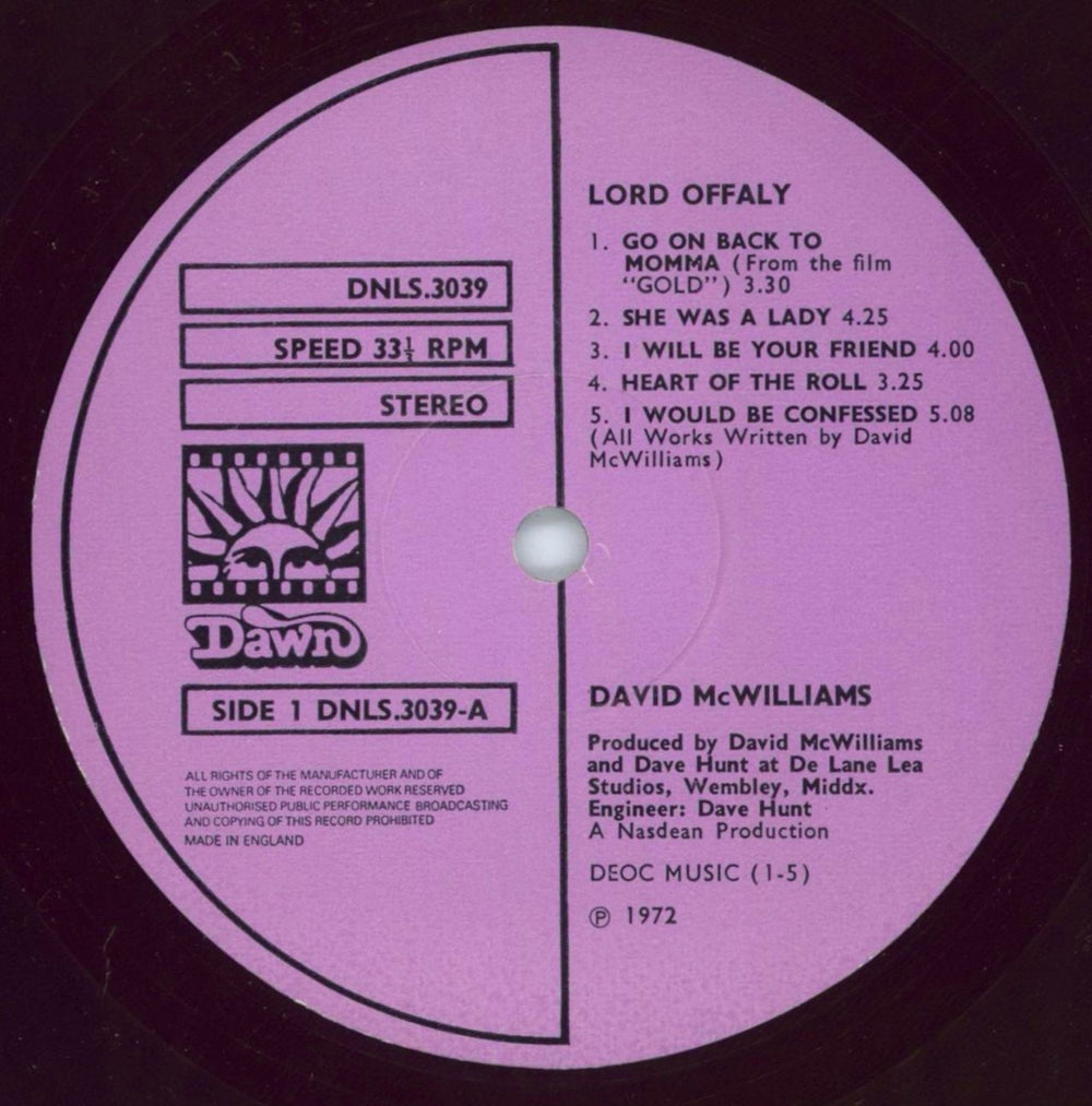 David McWilliams Lord Offaly UK vinyl LP album (LP record) VMCLPLO799715