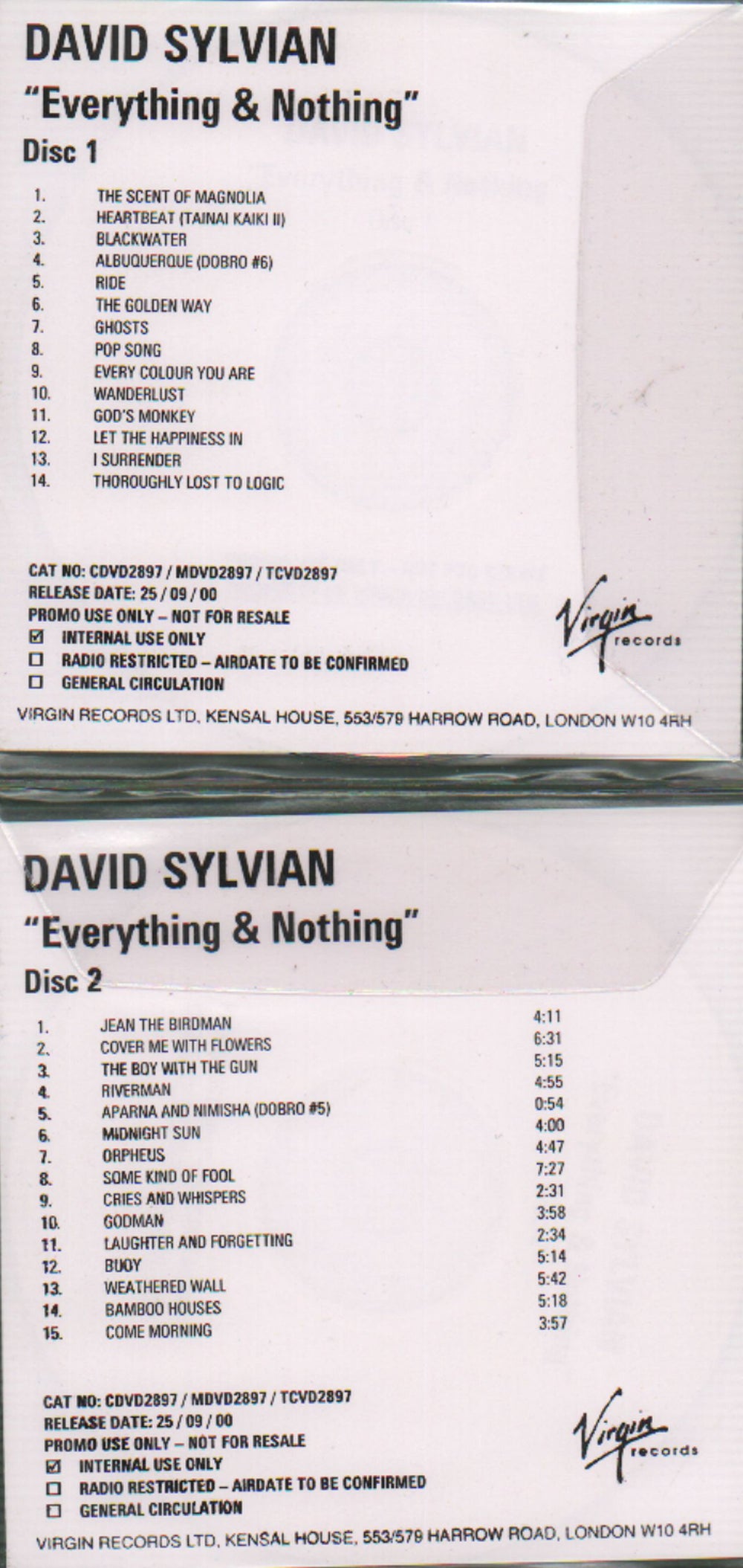 David Sylvian Everything & Nothing - 2 CD-R set UK Promo CD-R acetate CD-R ACETATES