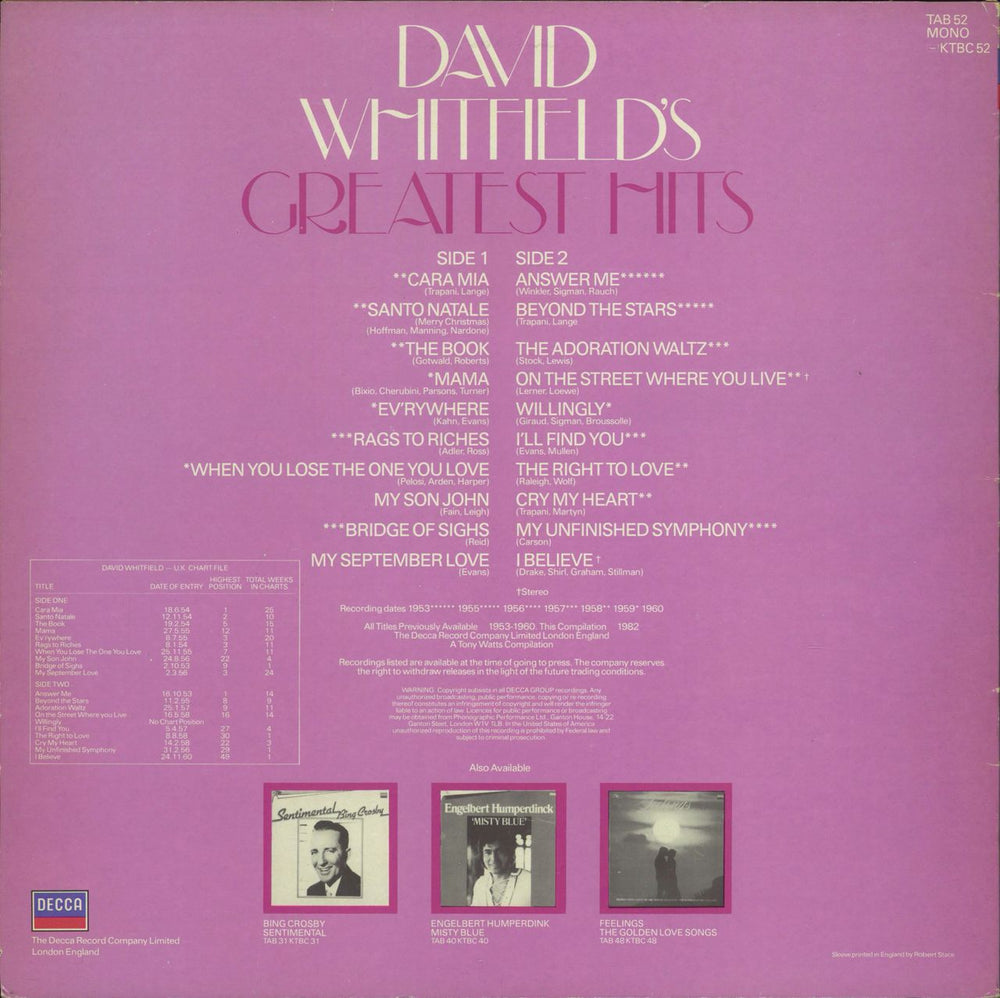 David Whitfield Greatest Hits UK vinyl LP album (LP record)