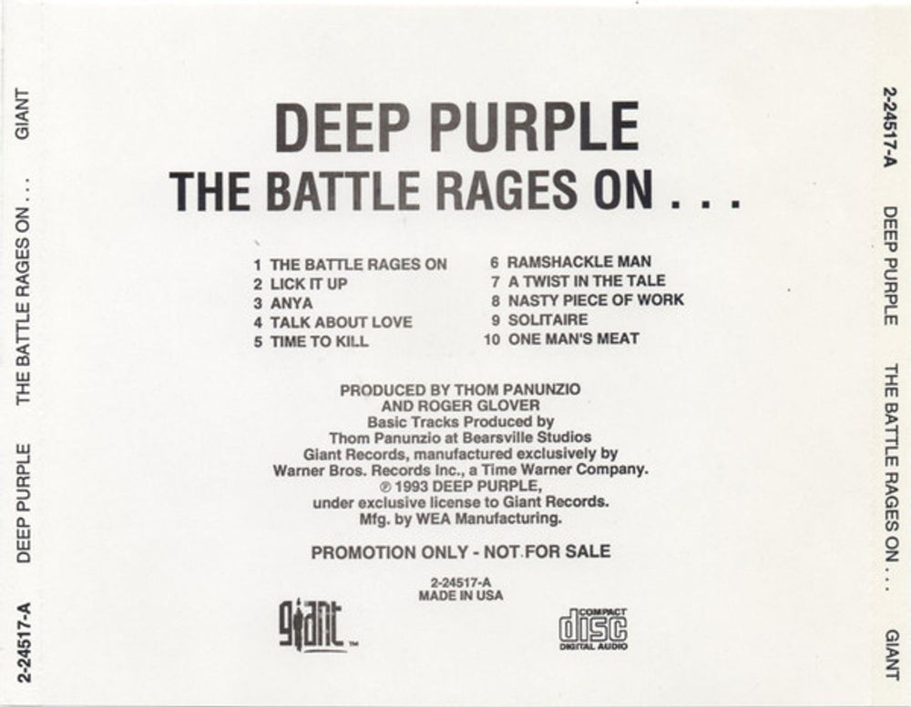 Deep Purple The Battle Rages On US Promo CD album (CDLP)