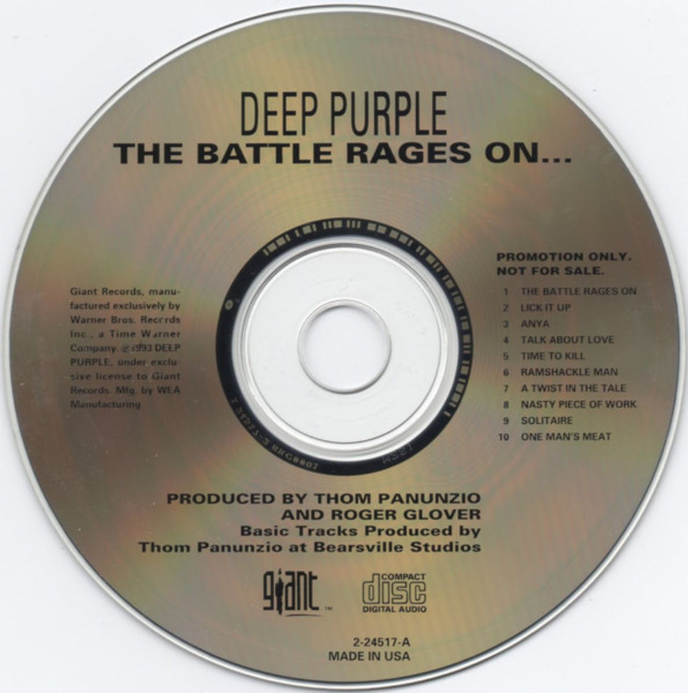 Deep Purple The Battle Rages On US Promo CD album (CDLP) DEECDTH62058