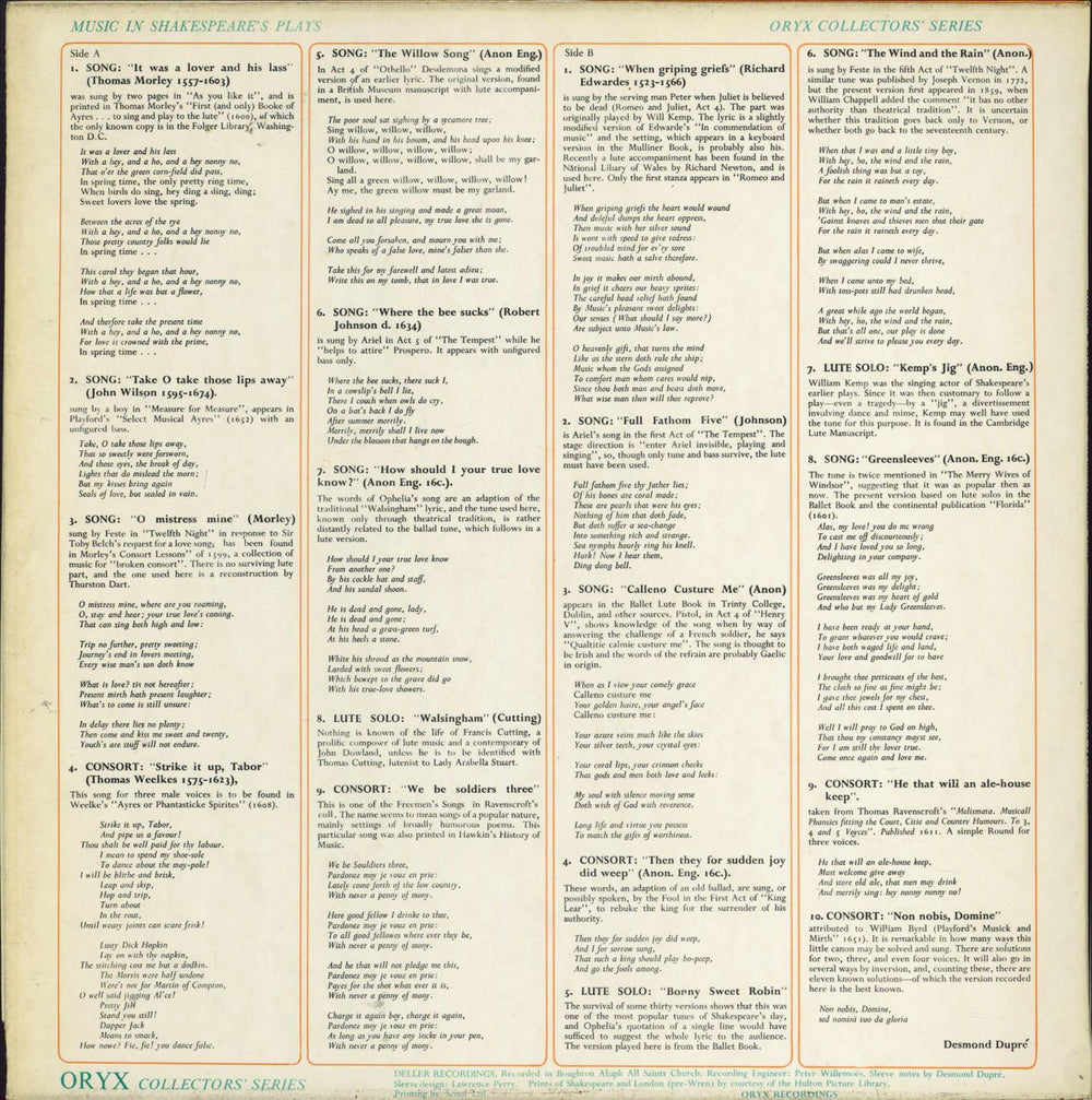 Deller Consort Shakesperian Songs & Lute Solos UK vinyl LP album (LP record)