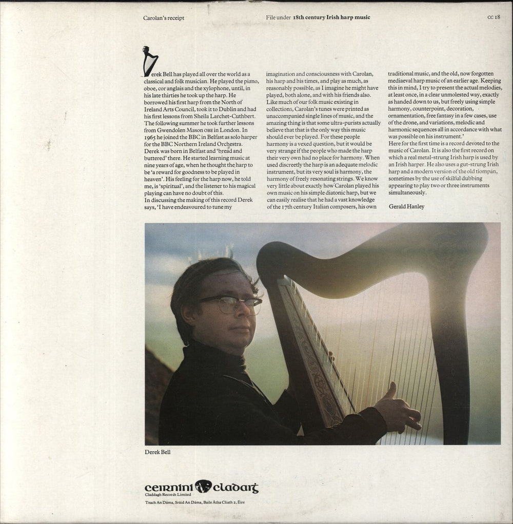 Derek Bell Carolan's Receipt Irish vinyl LP album (LP record)