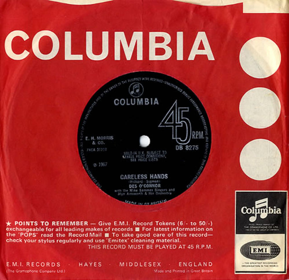 Des O'Connor Careless Hands - Solid Centre UK 7" vinyl single (7 inch record / 45) DB8275