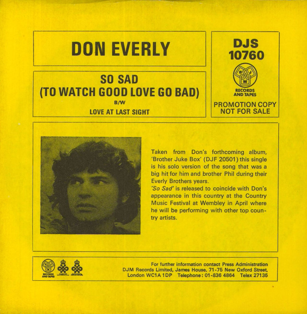 Don Everly So Sad [To Watch Good Love Go Bad] UK Promo 7" vinyl single (7 inch record / 45) DJS10760