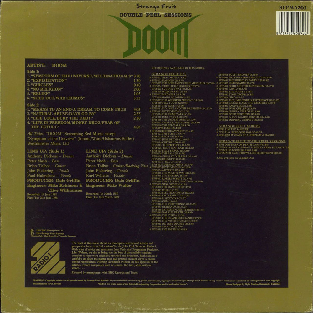 Doom Double Peel Sessions UK vinyl LP album (LP record) 5017644420366