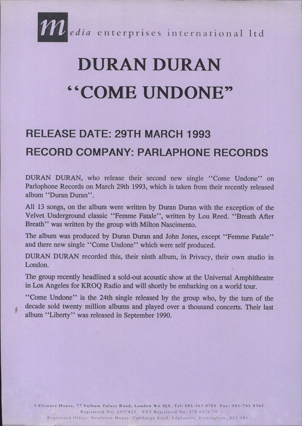 Duran Duran Come Undone UK Promo 12" vinyl single (12 inch record / Maxi-single)