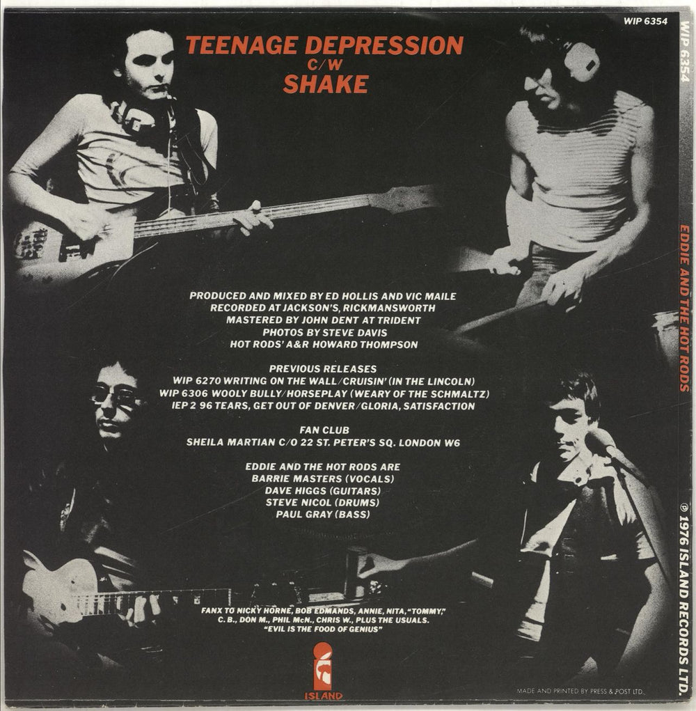 Eddie And The Hot Rods Teenage Depression + p/s UK 7" vinyl single (7 inch record / 45) EHO07TE449818