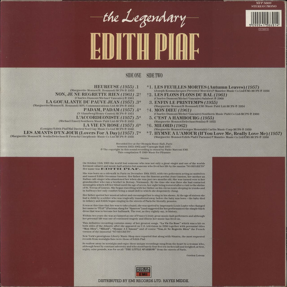 Edith Piaf The Legendary Edith Piaf UK vinyl LP album (LP record)