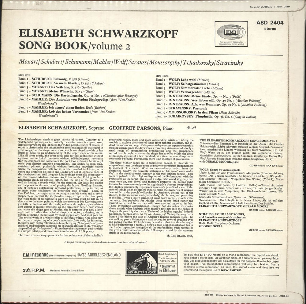 Elisabeth Schwarzkopf Elisabeth Schwarzkopf Song Book Vol. 2 UK vinyl LP album (LP record)