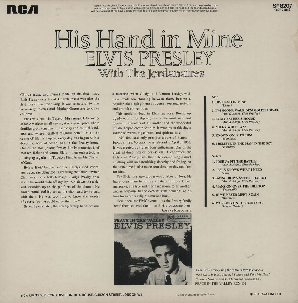 Elvis Presley His Hand In Mine - matte p/s UK vinyl LP album (LP record)