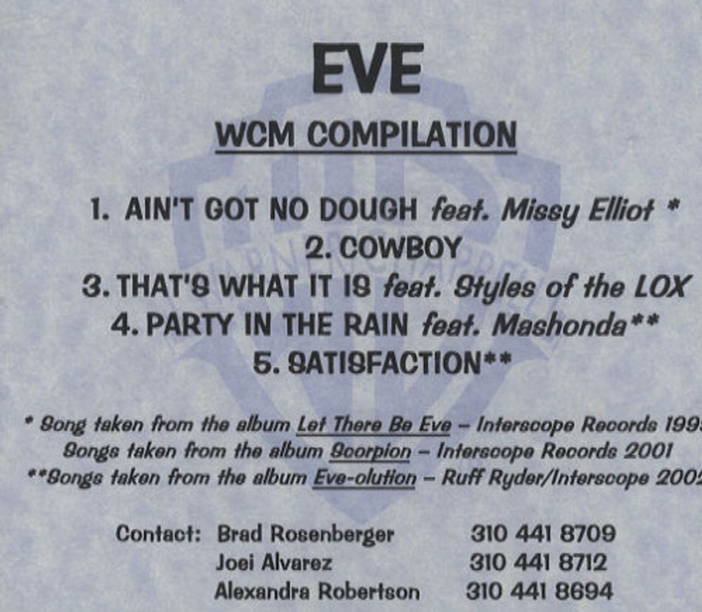 Eve WCM Compilation US Promo CD-R acetate CD-R ACETATE