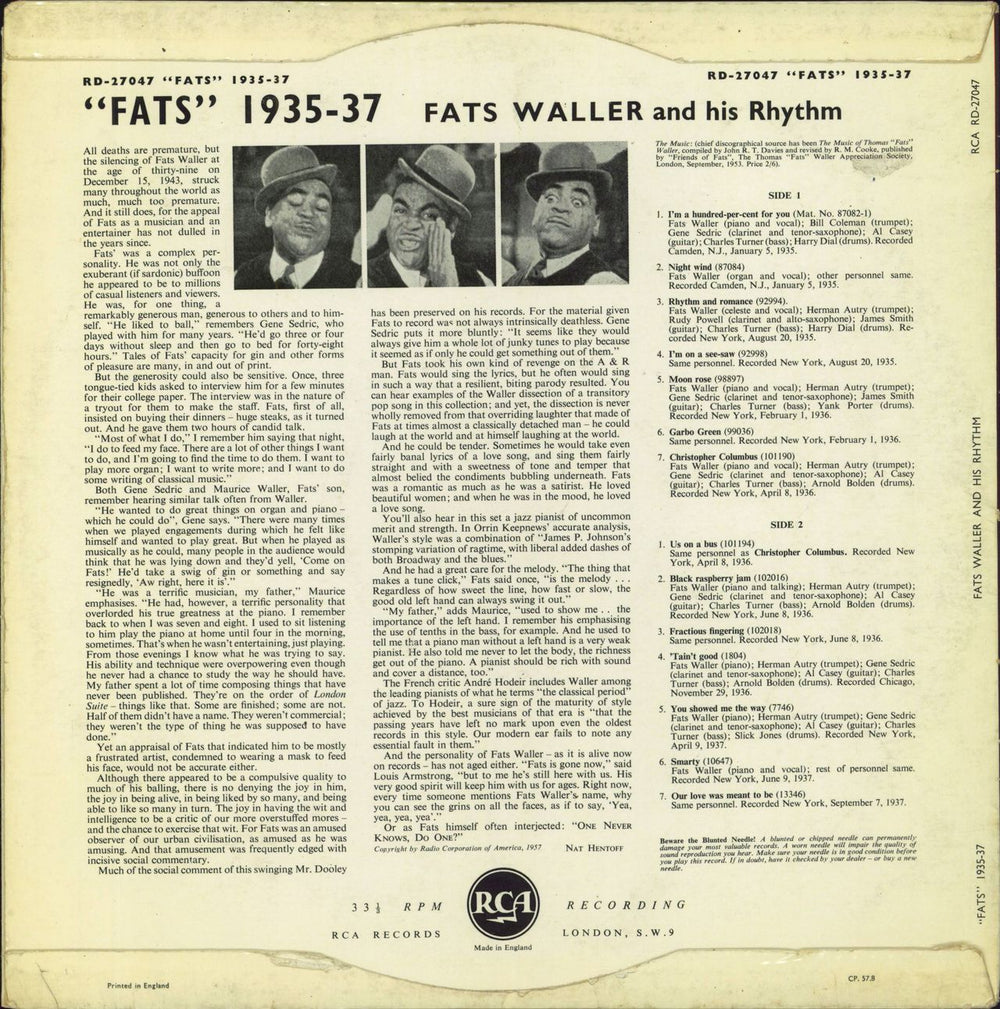 Fats Waller "Fats" 1935-37 - 1st UK vinyl LP album (LP record)