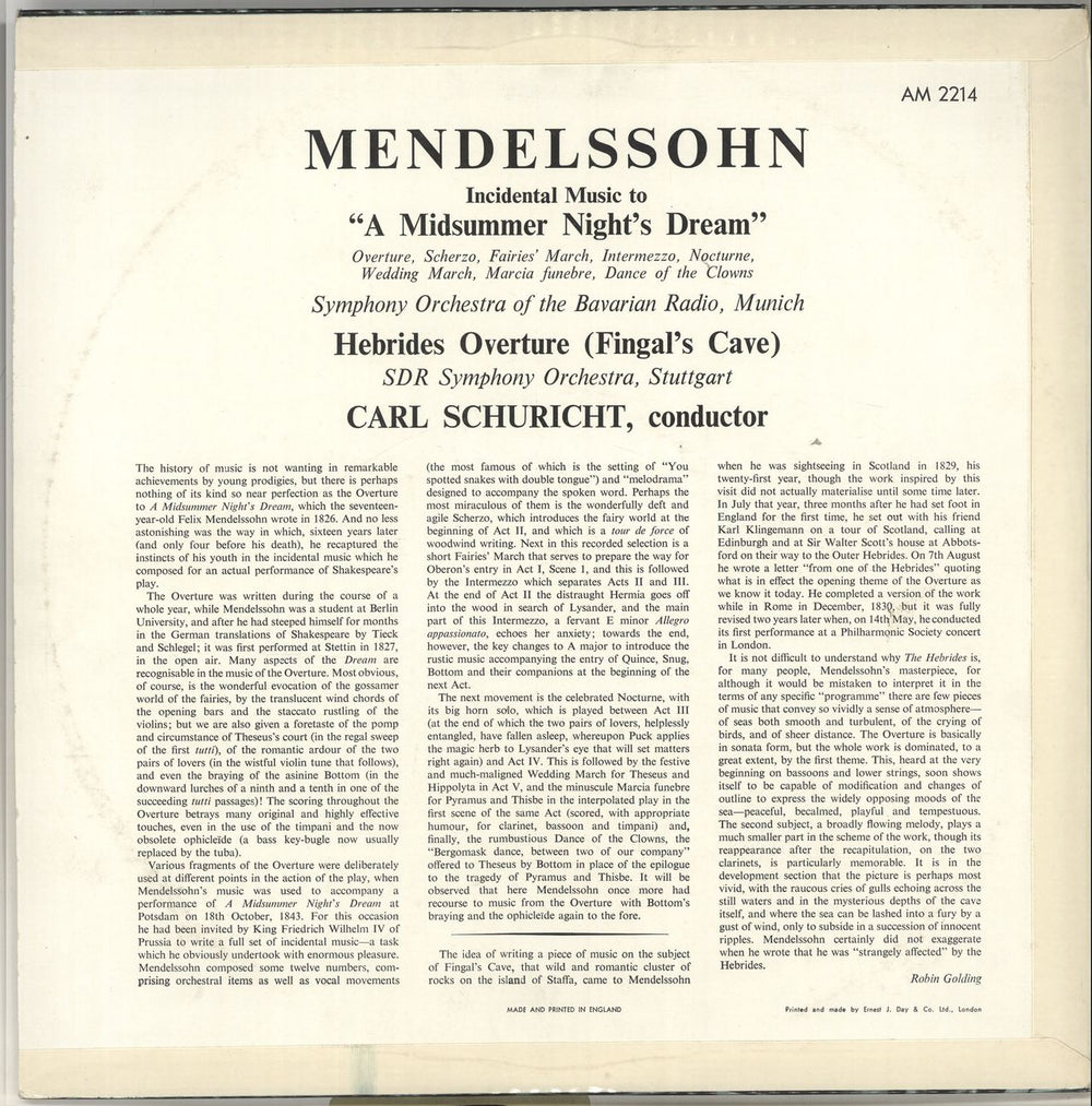 Felix Mendelssohn Incidental Music To "A Midsummer Night's Dream" / Hebrides Overture (Fingal's Cave) UK vinyl LP album (LP record)