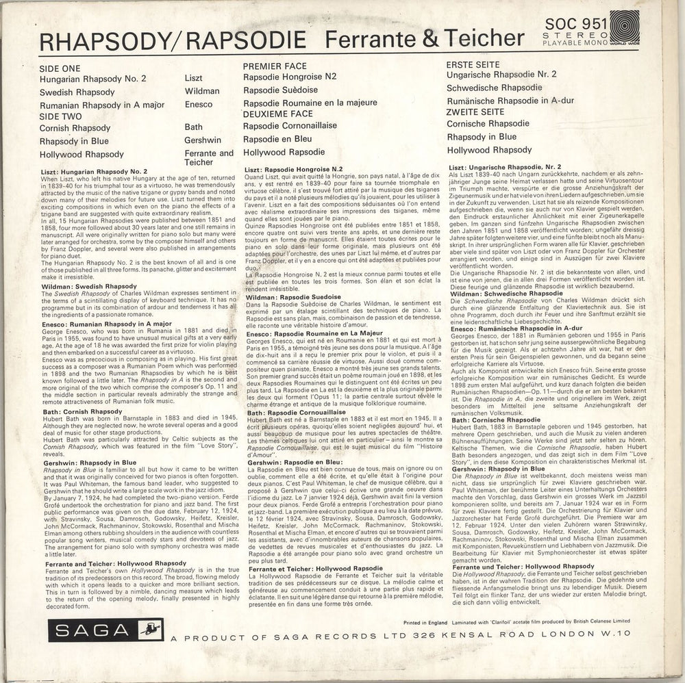 Ferrante And Teicher Rhapsody UK vinyl LP album (LP record) F&TLPRH689004