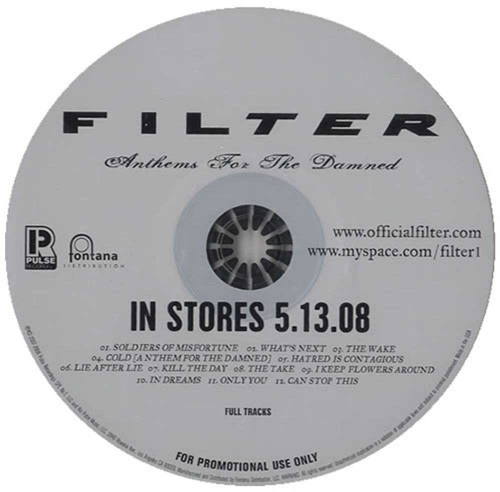 Filter Anthems For The Damned US Promo CD album (CDLP) 14338