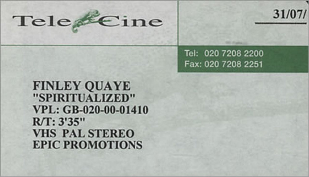 Finley Quaye Spiritualized UK Promo video (VHS or PAL or NTSC) PROMO VIDEO