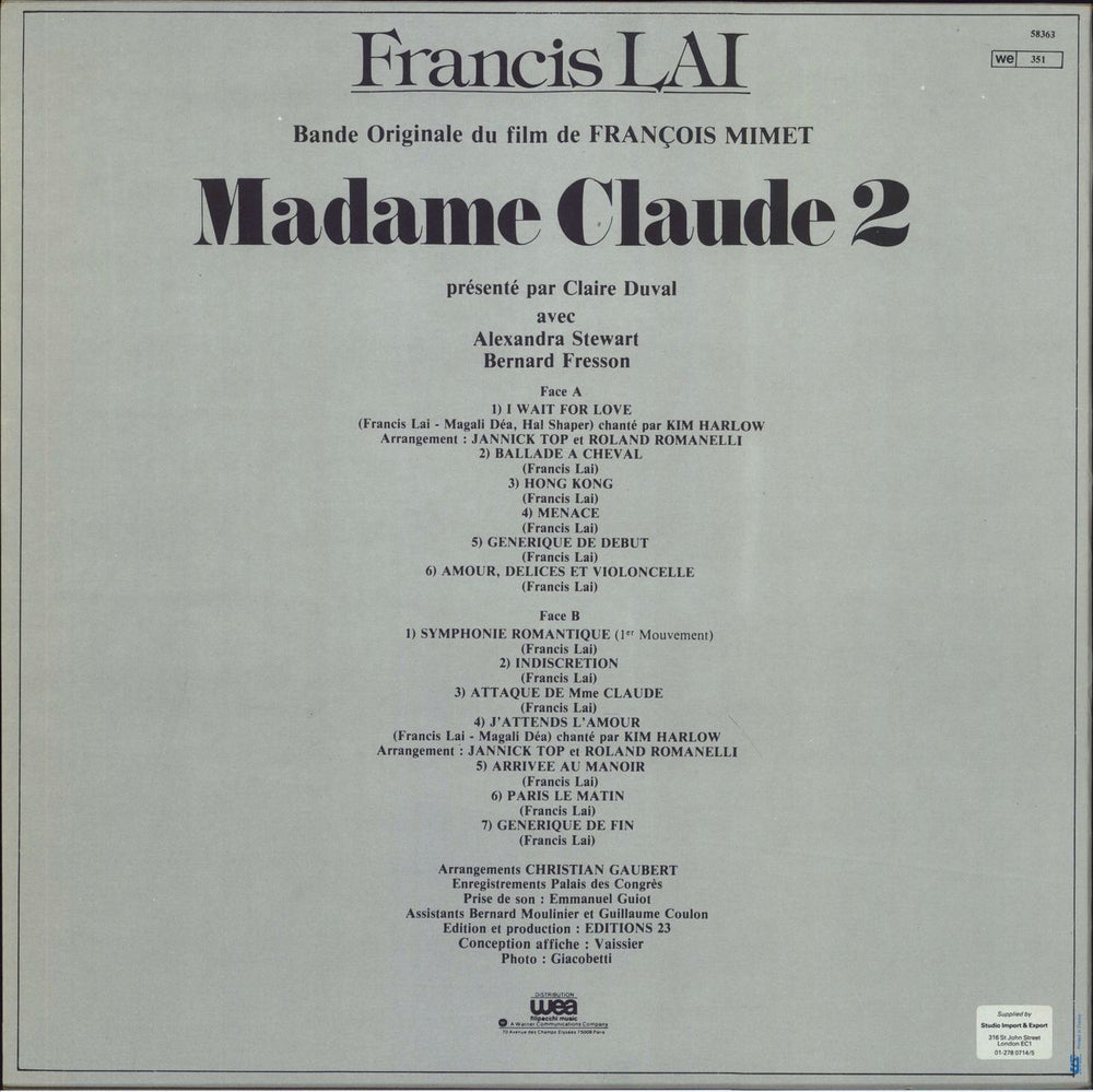 Francis Lai Madame Claude 2 French vinyl LP album (LP record)