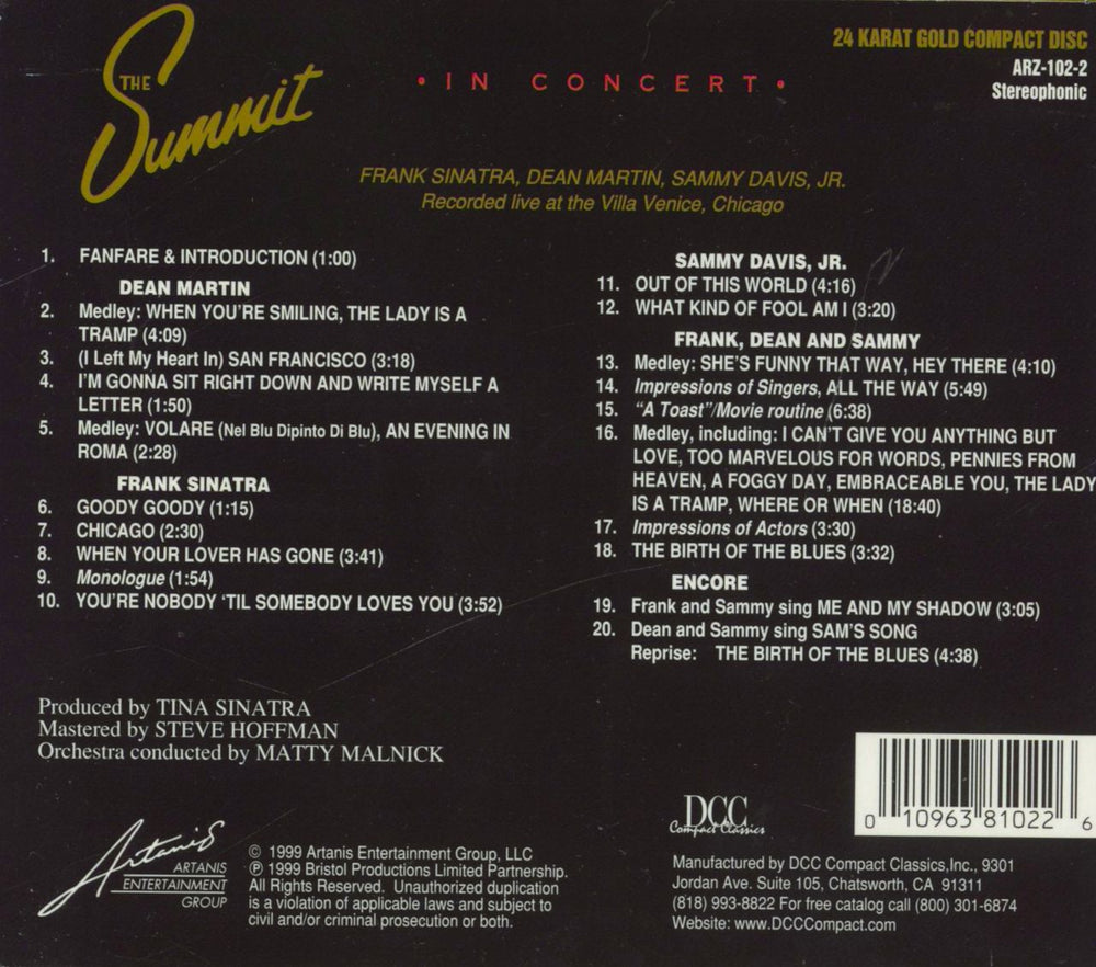 Frank Sinatra The Summit: In Concert - Gold Disc US CD album (CDLP)