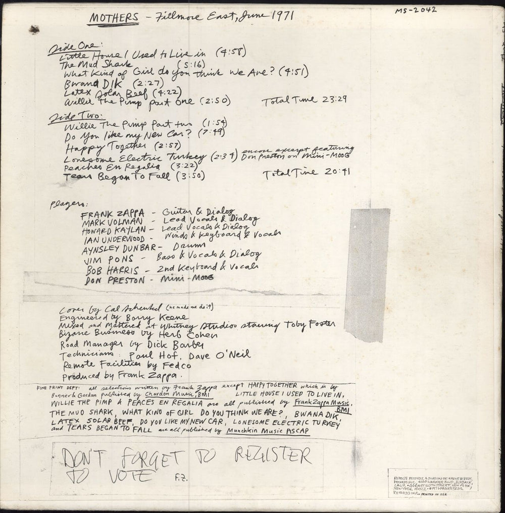 Frank Zappa Fillmore East - June 1971 - 2nd Issue US vinyl LP album (LP record)