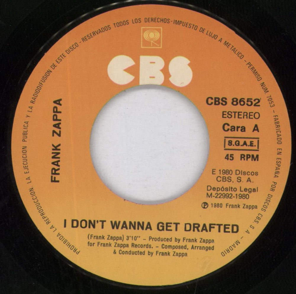 Frank Zappa I Don't Wanna Get Drafted - EX Spanish 7" vinyl single (7 inch record / 45) ZAP07ID819032