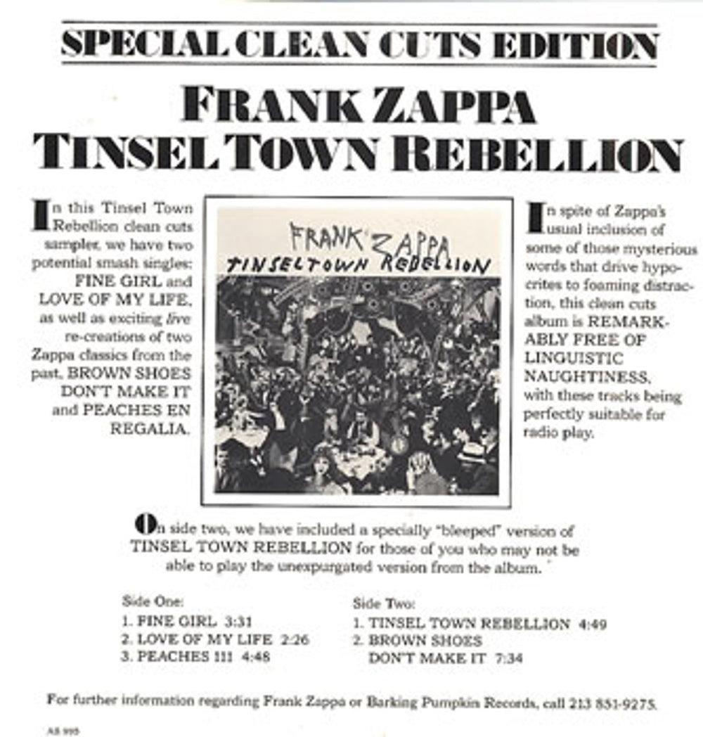 Frank Zappa Tinseltown Rebellion Special Clean Cuts Edition US Promo 12" vinyl single (12 inch record / Maxi-single) AS995