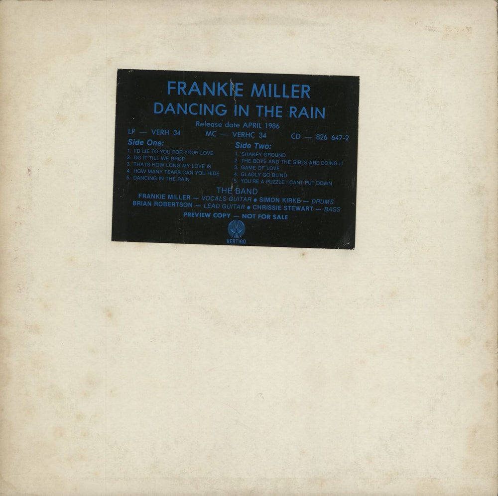 Frankie Miller (Rock) Dancing In The Rain - Advance Promotional Copy UK Promo vinyl LP album (LP record) VERH34