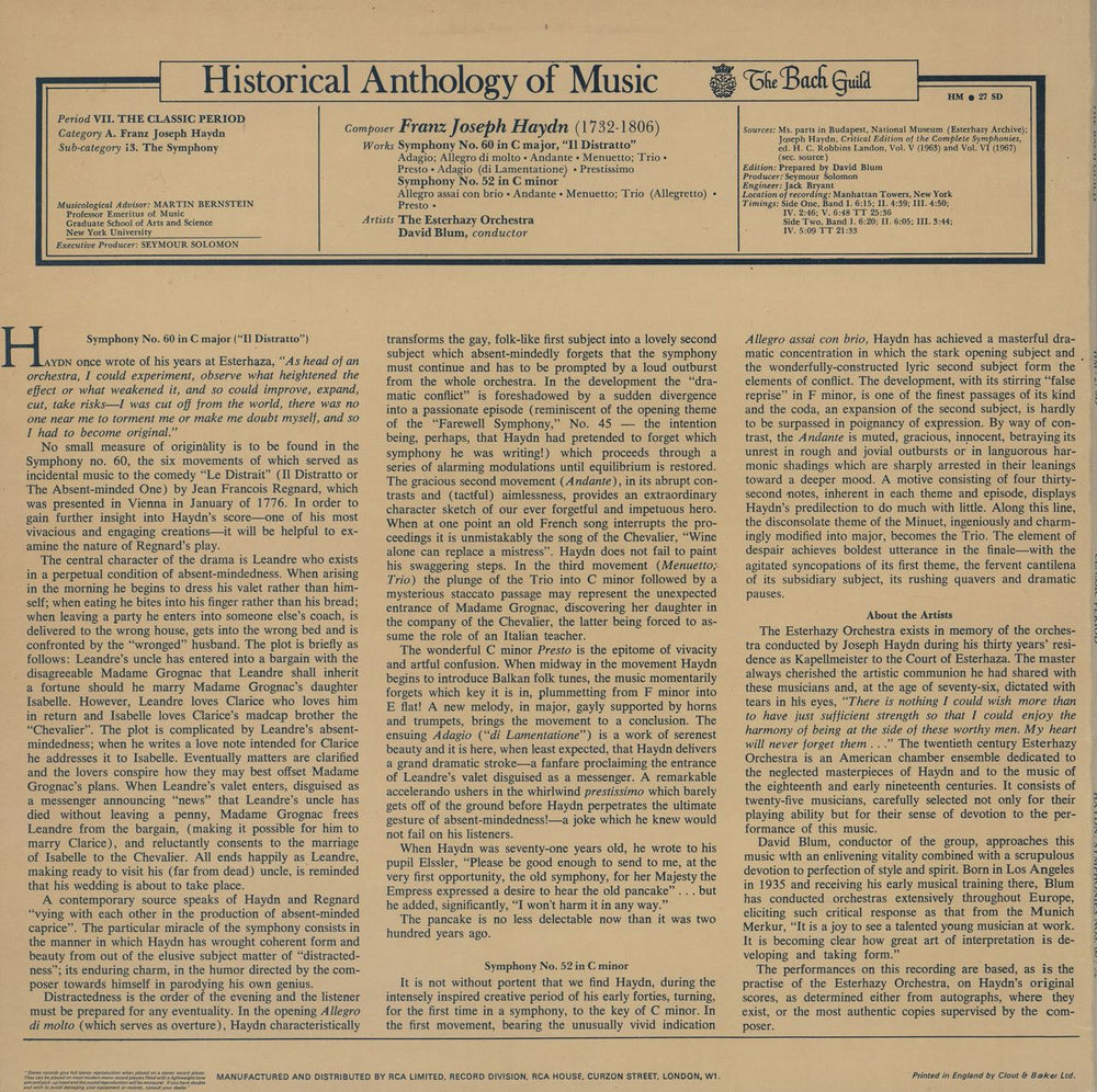 Franz Joseph Haydn Symphony No. 60 in C "Il Distratto" / Symphony No. 52 in C Minor UK vinyl LP album (LP record)