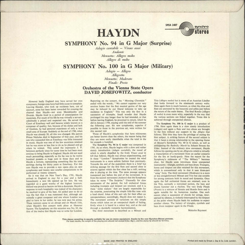 Franz Joseph Haydn Symphony No. 94 "The Surprise" / Symphony No. 100 "Military" UK vinyl LP album (LP record)